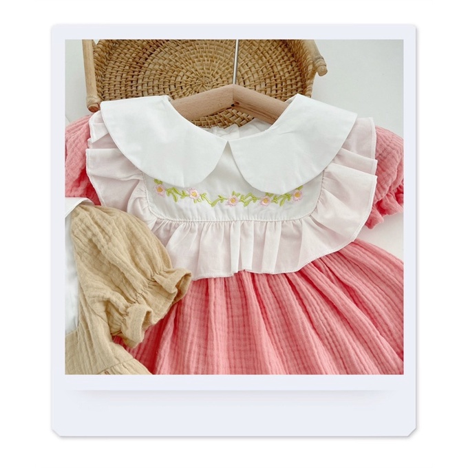 Váy hè cộc tay chất xô phối thêu ngực-chất mát thấm mồ hôi cho bé gái 8-19kg
