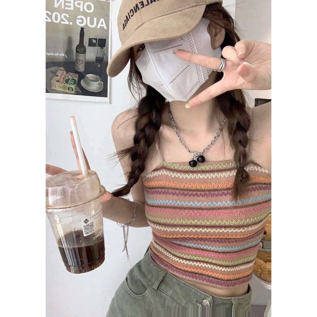 Áo Hai Dây Dệt Kim Kẻ Sọc Nhiều Màu Phong Cách Retro Cho Nữ
