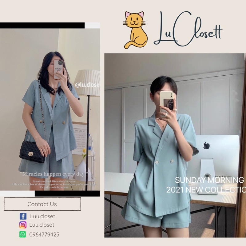 Set Blazer Nữ Áo Khoác Tay Ngắn + Quần Short Dáng Rộng Thời Trang Mùa Hè Hàn Quốc lu.closett