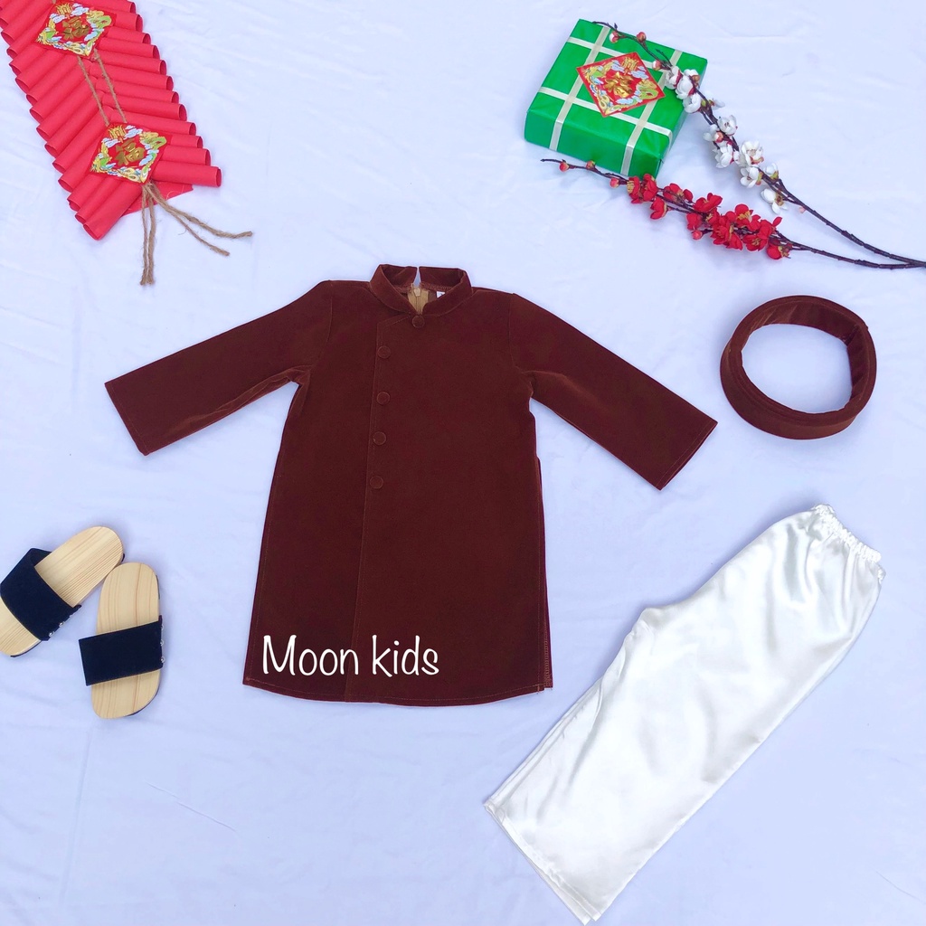 Áo Dài Tết Cho Bé Trai Chất Liệu Nhung Có Mấn Đội Đầu Dễ Thương