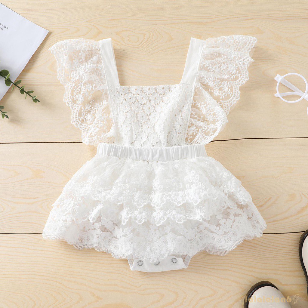 LAA6-Toddler Summer Lace Square Neck Ruffled-Sleeve Backless Jumpsuit for Baby Girls, 0-24 Months