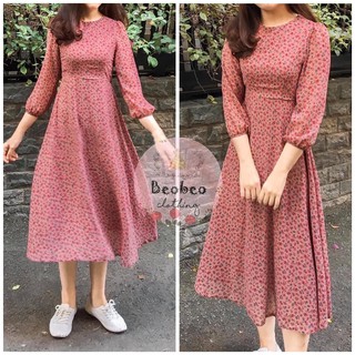 Đầm midi voan hồng hoa nhí đỏ tay bo thắt nơ vintage