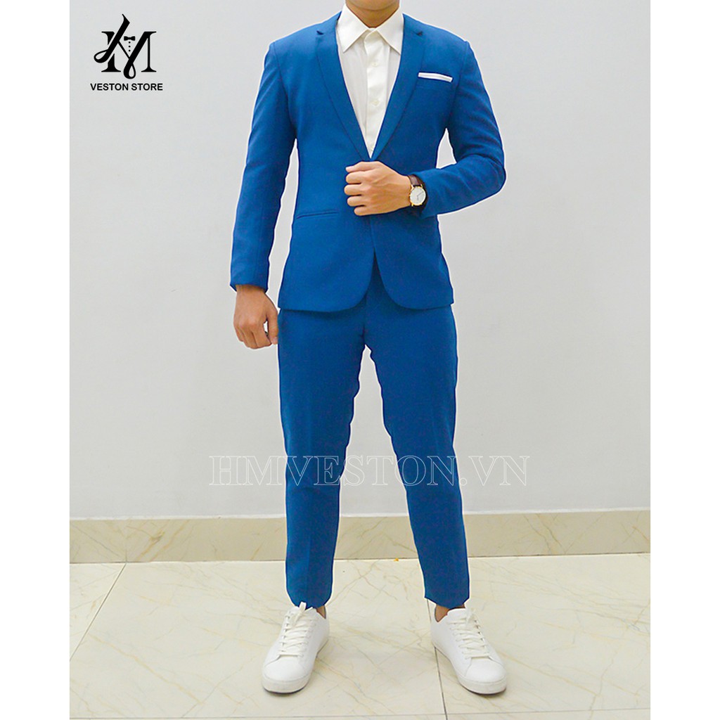 Bộ vest nam ôm body màu xanh cổ vịt chất liệu vải dày mịn co giãn + cà vạt nơ