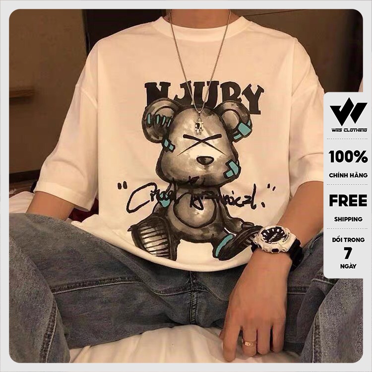 Áo phông nam WIIS tay lỡ unisex form rộng Gấu NJURY thun oversize nam nữ ulzzang