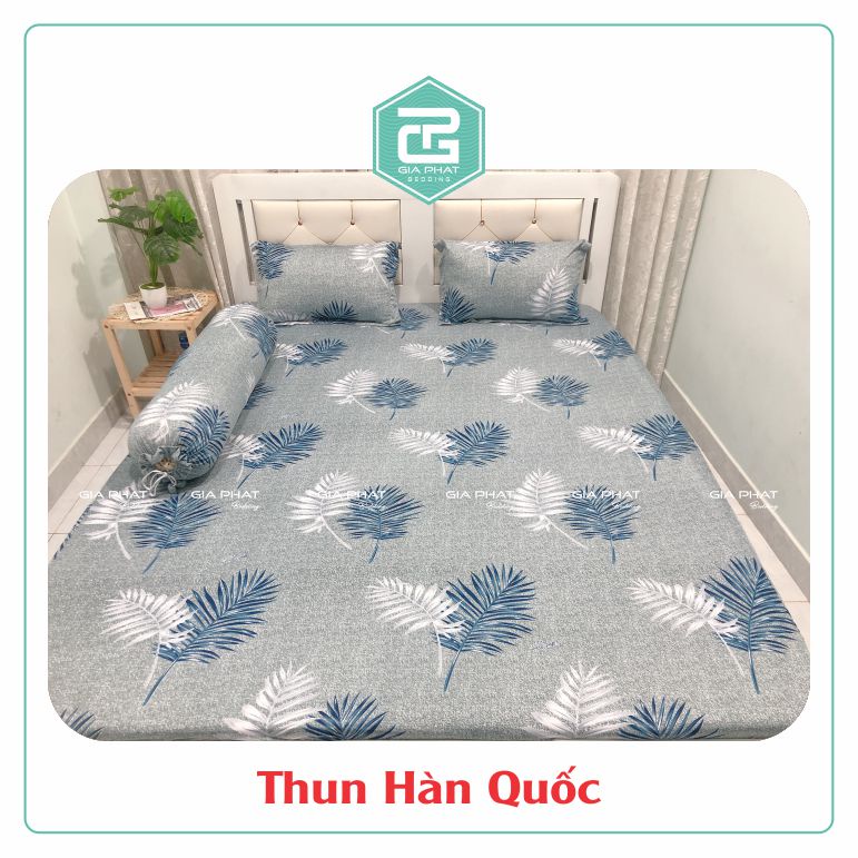 Bộ Ga Gối Thun Lạnh Hàn Quốc { 4 Món } họa tiết Lá Cau ( 1 ga bọc + 2 vỏ gối nằm + 1 vỏ gối ôm )