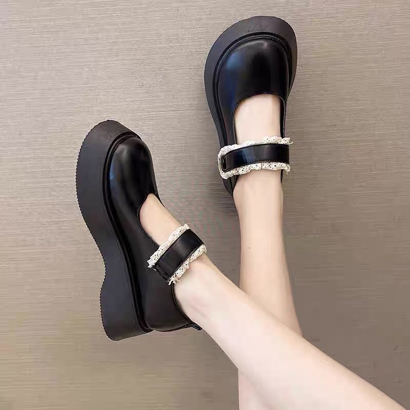 Giày búp bê lolita nữ đế cao phối quai ren cài ulzzang mũi tròn JAENIA GD008