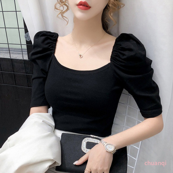 Áo thun tay ngắn phồng không cổ thời trang mùa hè mới cho nữ