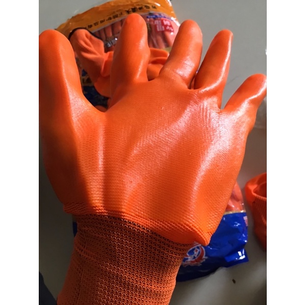 Gang tay bảo hộ lao động, gang tay phủ sơn 2 mặt màu cam loại dày