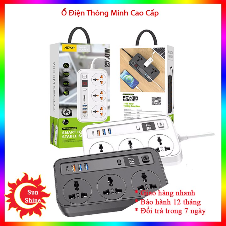 Ổ điện Aspor A505 Công Tắc,Nắp Bịt Chống Giật An Toàn 3 Cổng USB 5V = 3.1A ,1 cổng  USB Type-C Sạc Nhanh 32W