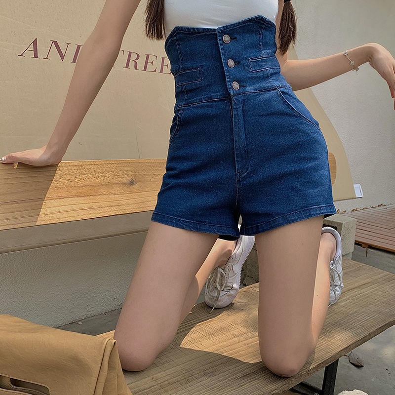 Net red ins super high waist bud denim shorts women's summer design feeling slim a-word bag hip wide leg hot pants