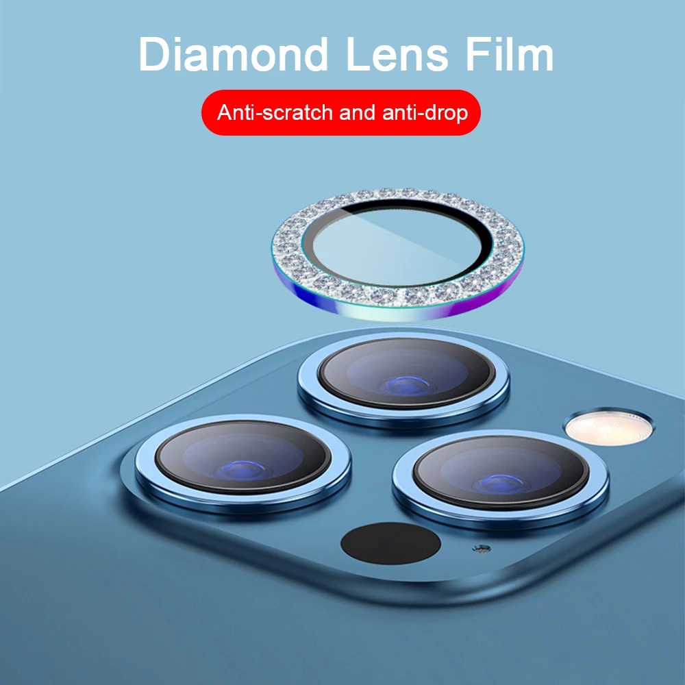 Bộ 3 miếng dán ống kính camera kiểu kim cương nhân tạo 6 màu tùy chọn cho iPhone 11 12 13 Pro Max 12 Mini 11 Pro