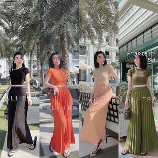 Set áo thun croptop tay con phối quần dài dập ly ống suông rộng!