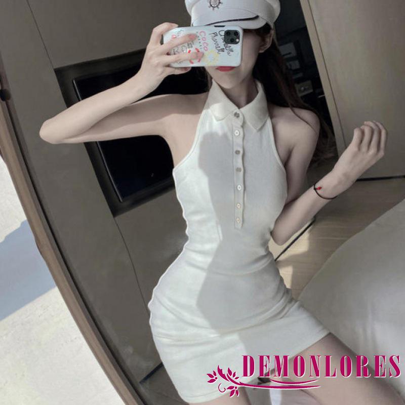 Đầm Mini Ôm Dáng Không Tay Cài Nút Trước Màu Trơn Dành Cho Nữ