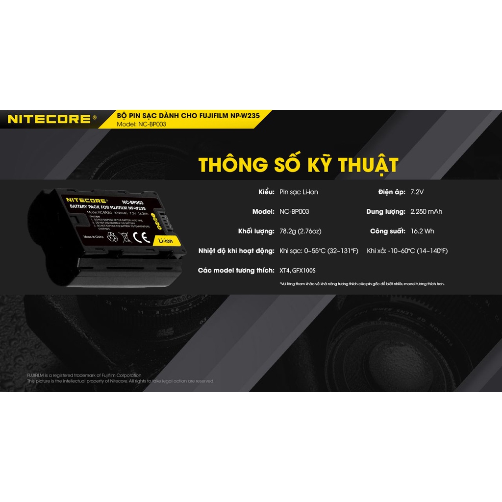 Pin sạc – NC-BP003 – Nitecore – Pin thay thế cho Fujifilm NP-W235