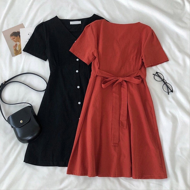 Đầm Tay Ngắn Cổ Chữ V Phong Cách Retro Hong Kong Thời Trang Mùa Hè Cho Nữ