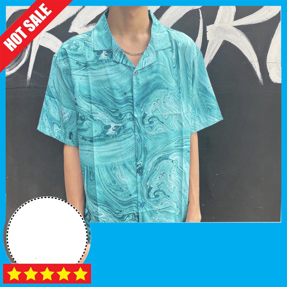 Áo sơ mi tay ngắn họa tiết loang màu xanh ngọc Cam kết chất lượng 100%
