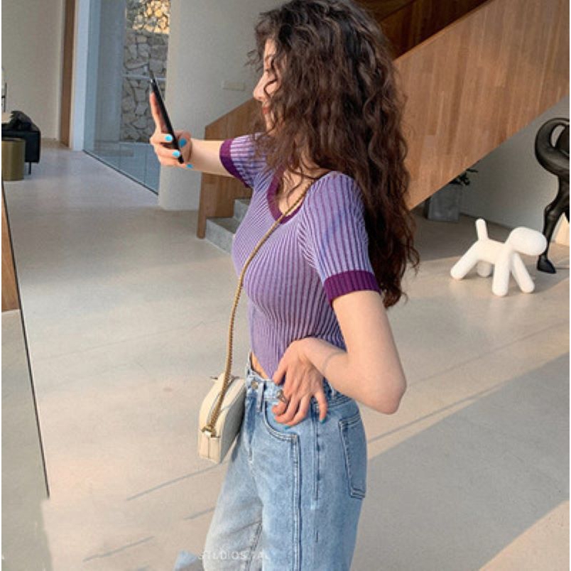 Áo Thun Tay Ngắn Cổ Vuông Dáng Ôm Phong Cách Hàn Quốc