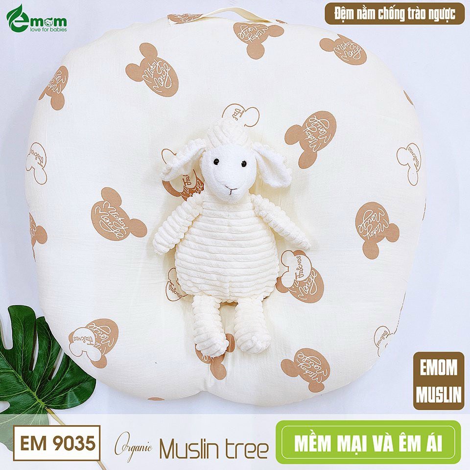 Emom - Gối chống trào ngược vỏ xô Muslin họa tiết xinh xắn cho bé