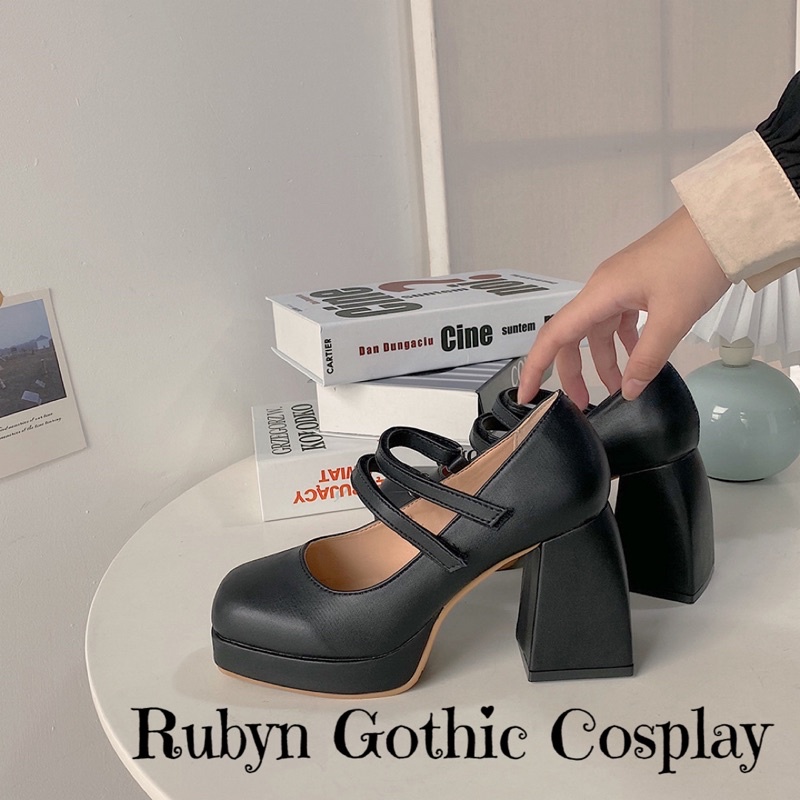 [CÓ SẴN] Giày cao gót lolita gót vuông đế cao 8cm TRẮNG và ĐEN ( Size 34 - 39 )