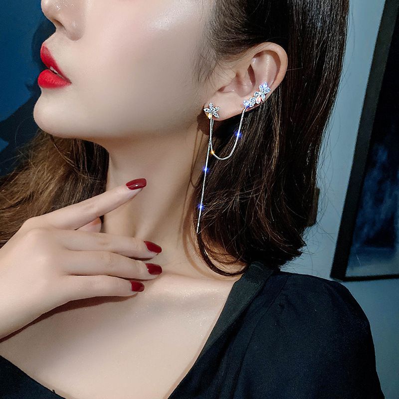 Bông tai bạc S925 - Khuyên tai bạc Ý kẹp vành tua dua hoa đá Bling Bling sang trọng, cá tính Vườn Trang Sức  VTSKT0128
