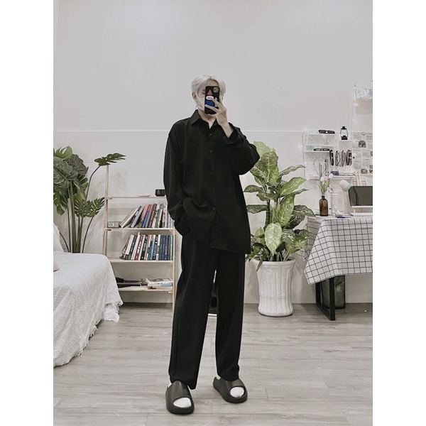 ÁO SƠMI FORM RỘNG TRẮNG ĐEN UNISEX NAM NỮ (hình chụp thật)