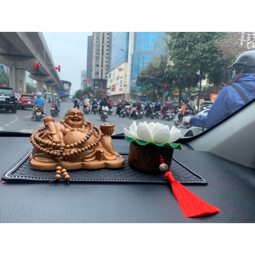 Set phật di lặc gỗ cùng mộc liên hoa, tượng di lặc để taplo xe hơi, ông thần tài, đài sen trắng