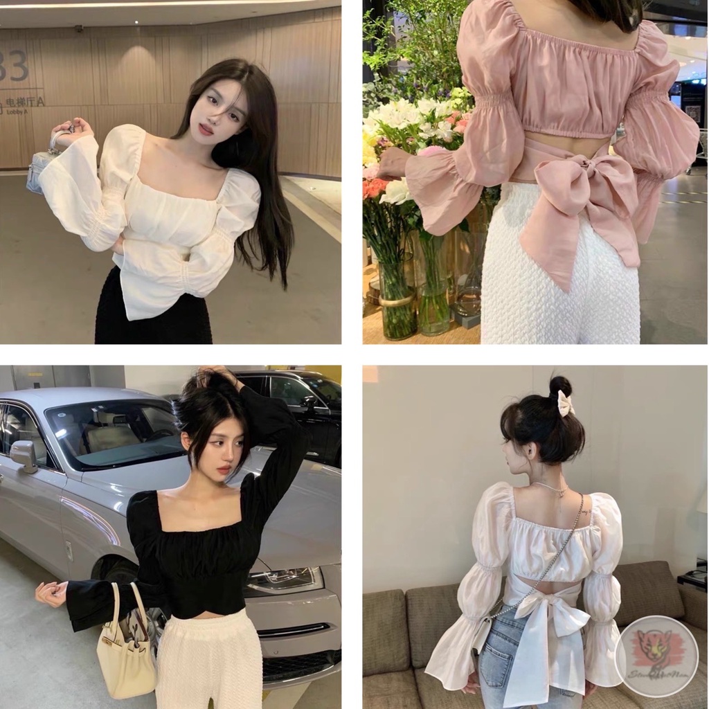 Áo Croptop Cổ Vuông Nhún Tay Nơ Lưng Bánh Bèo Xinh Xắn - AK0059 | steven.factory
