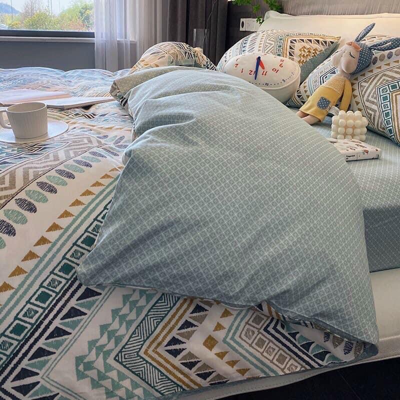 Bộ Chăn Ga Gối Cotton Living Thổ Cẩm Xanh Mint Hot Hit - Chất Liệu 100% Cotton
