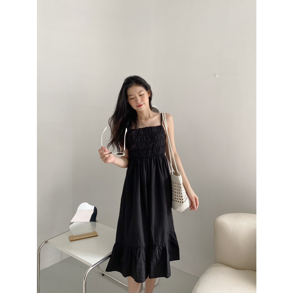 YU CHERRY | Đầm hai dây nữ nhún ngực, có dây điều chỉnh, Shirred Cotton Cami Dress YD157