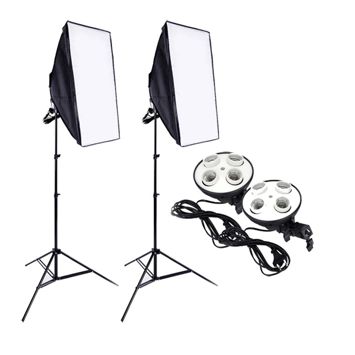 Combo 2 Softbox đuôi Sứ 4 chuôi 50 x 70cm - 2 Chân đèn 2m không bao gồm đèn