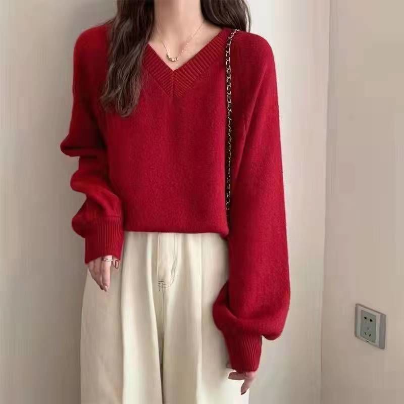 Áo Sweater Dài Tay Phong Cách Lười 197802 Áo Len Form Rộng Cổ Chữ v Theo Phong Cách Hàn Quốc