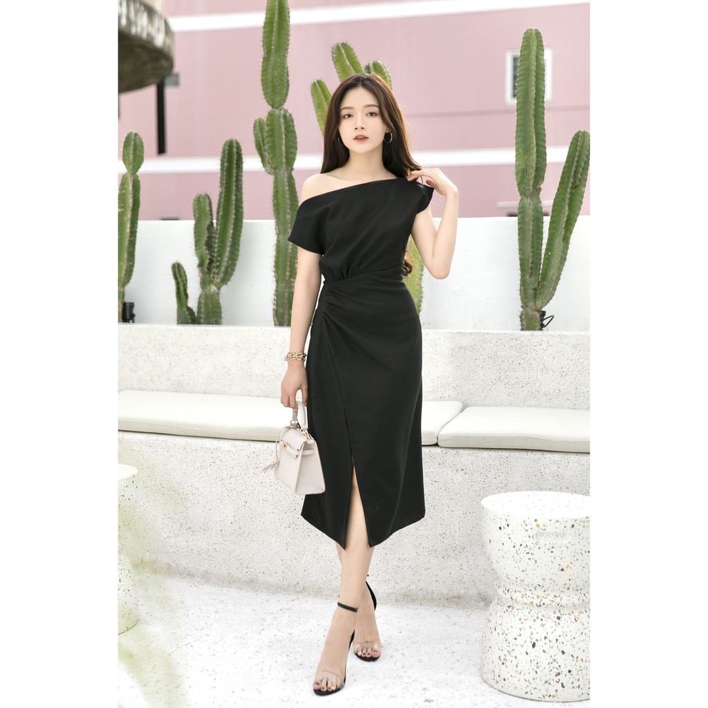 Đầm dài cổ lệch Oversized xếp nhún 1 bên eo tà trước xẻ hở [TY9] | BigBuy360 - bigbuy360.vn