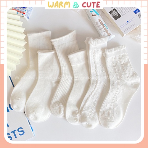 Tất vớ nữ trắng cổ cao cotton co giãn style Hàn quốc Warm&amp;Cute AD07