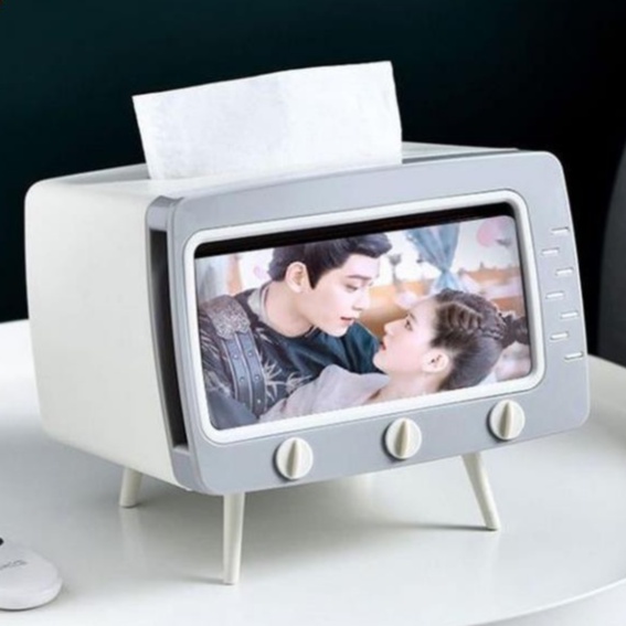 Hộp đựng giấy ăn đa năng hình tivi sang trọng phong cách Art Deco cao cấp, Hộp đựng khăn giấy tivi kệ để điện thoại 2in1