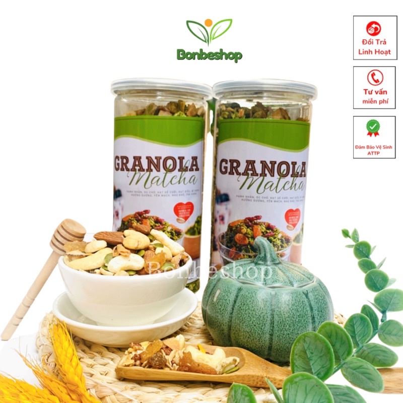 Hũ 500gr Ngũ Cốc Granola Vị Trà Xanh, Thơm, Giòn, Bổ Dưỡng