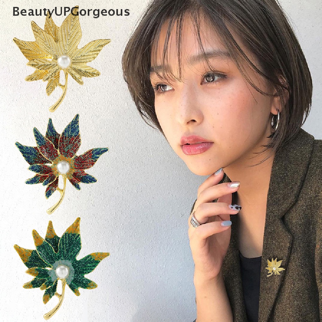[Beautyup Gorgeous] Ghim Cài Áo Hình Lá Phong Đính Pha Lê Nhiều Màu Sắc Và Ngọc Trai Nhân Tạo Cho Nữ