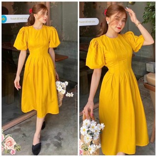 Đầm váy freesize vàng cổ tròn xếp li