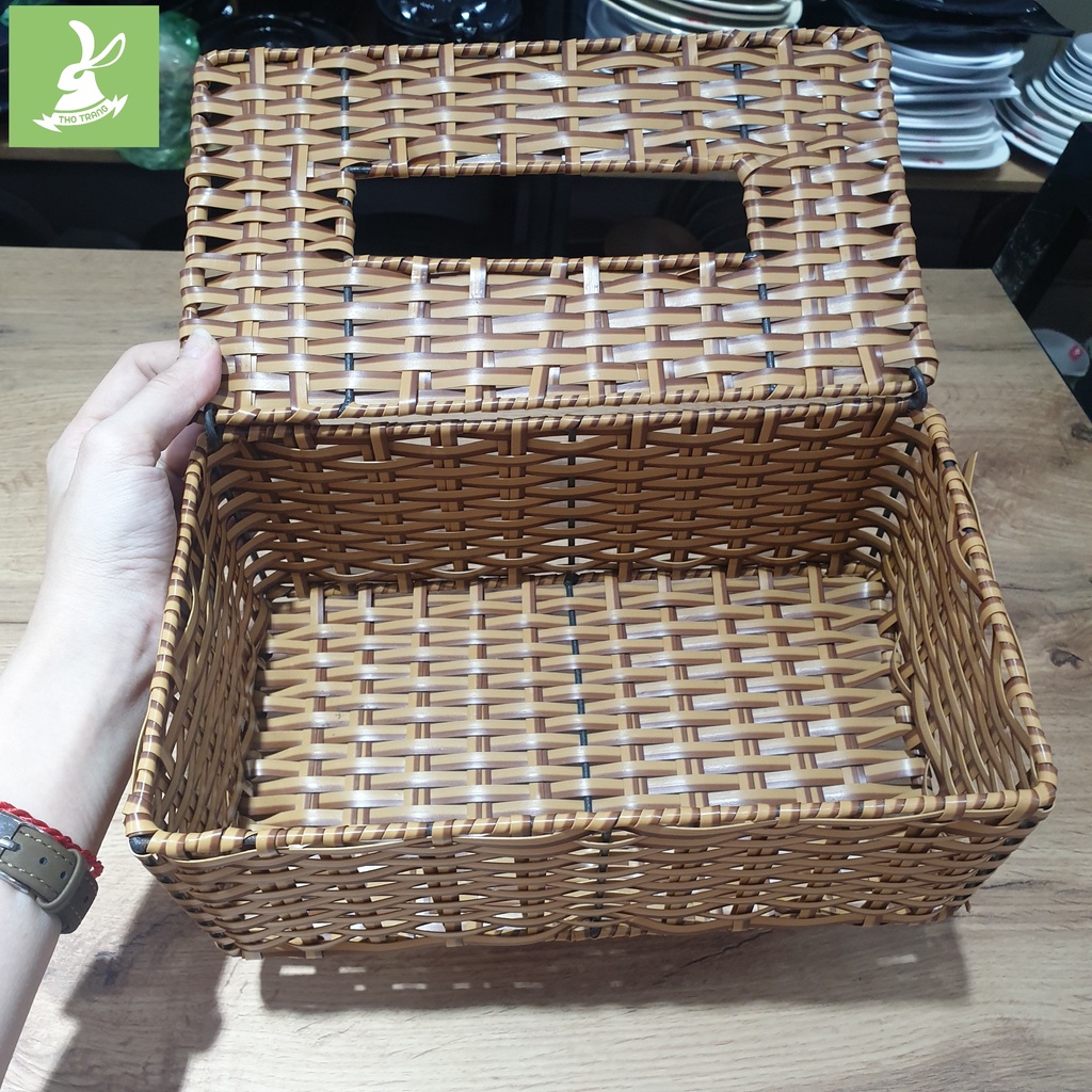 Hộp Đựng Khăn Giấy Chữ Nhật Nhựa Giả Mây, Có Khung Sắt Bền Đẹp