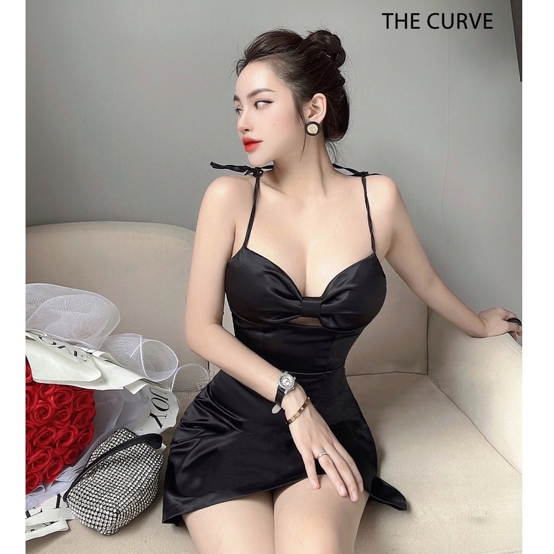 Đầm 2 Dây Bo Eo Thắt Nơ Vai Ngực Nơ, Váy Dự Tiệc Ngắn - Vải Tầm Xước Ép Keo - 2 Màu Đen, Trắng - ẢNH THẬT