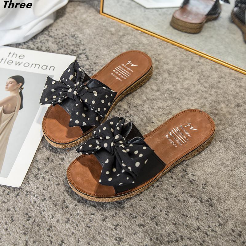 Women's shoes, slippers, cool women's outer bow knot, all-match pregnant women non-slip tendon flat-bottomed beach shoes