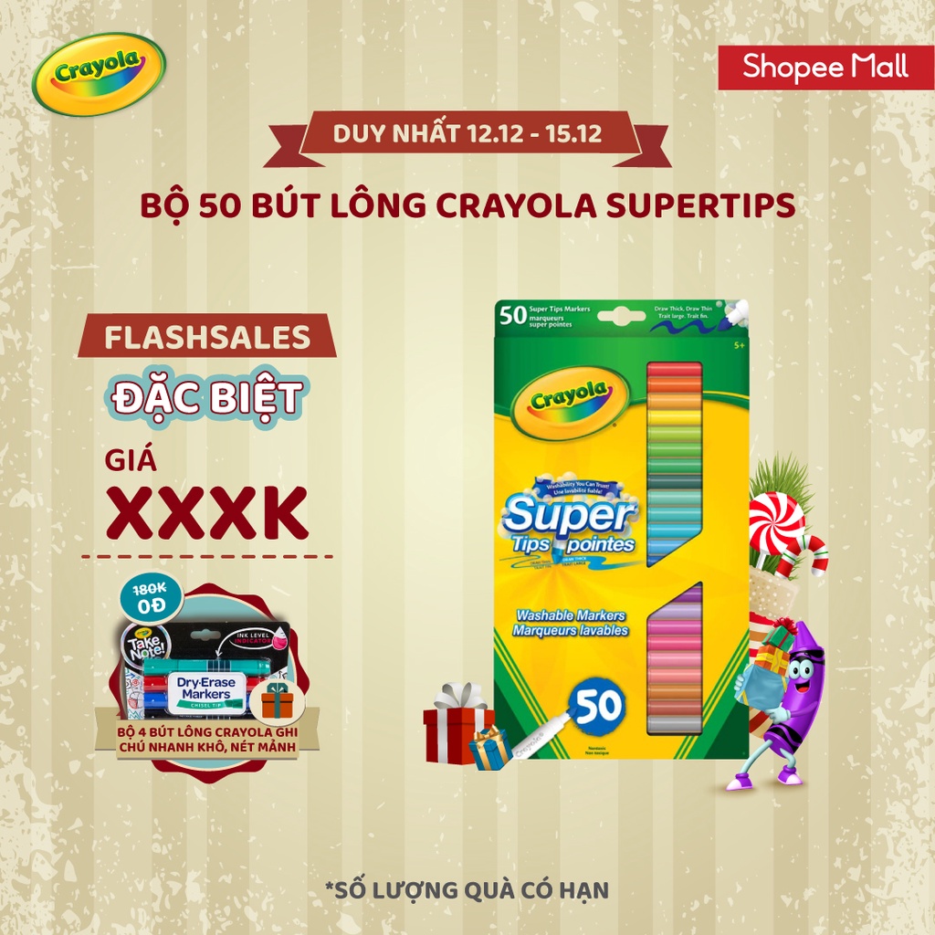 [Mã LIFECRA1212 giảm 10% đơn 250K] Bộ 50 cây Bút lông Dễ tẩy rửa Crayola Supertips, Nét thanh nét đậm - 585050