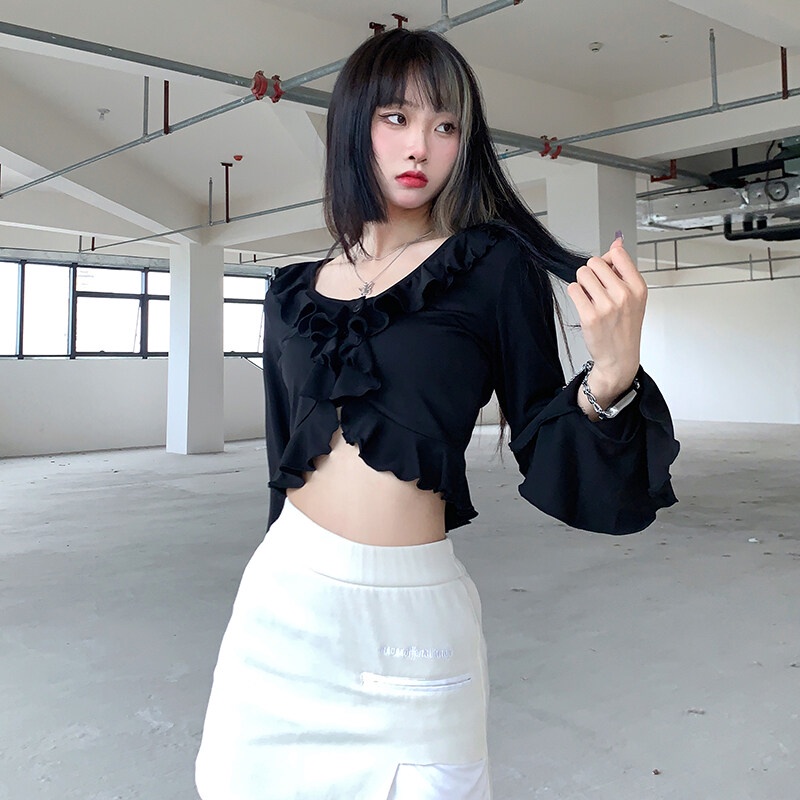 Kliou 2023 Mới vào mùa hè Áo Crop Top Tay Dài Loe Cổ Chữ V Phối Bèo Phong Cách Pháp Thanh Lịch Thời Trang 2022 M 'V O M A H