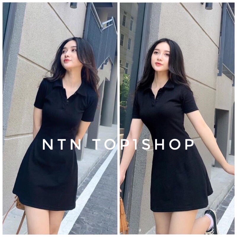 Váy Polo tay ngắn trơn dáng xoè chất cotton 100%