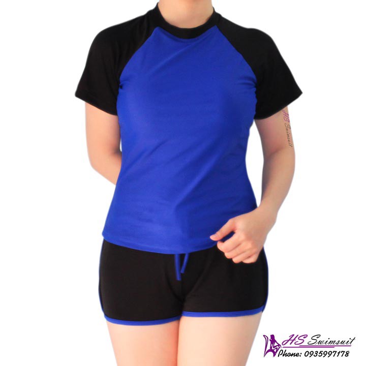 Đồ bơi nữ kín đáo hai mảnh quần tay ngắn xanh lam 055