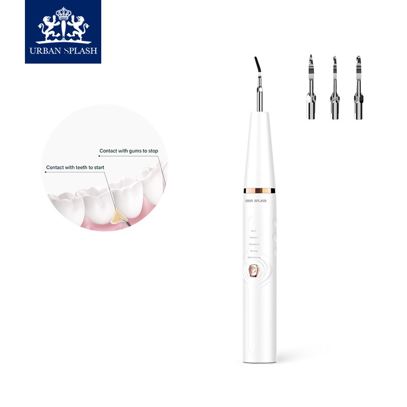 URBAN SPLASH Máy cạo vôi răng siêu âm cầm tay / thiết bị nha khoa có thể điều chỉnh năm tốc độ / loại bỏ vôi răng / máy làm sạch răng có thể sạc lại USB / với 3 loại dụng cụ cạo