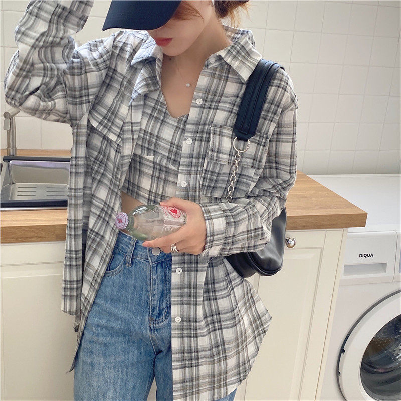 Bộ Áo Croptop Ca Rô Dài Tay + Áo Khoác Croptop Dài Tay Xinh Xắn Dành Cho Nữ 36795