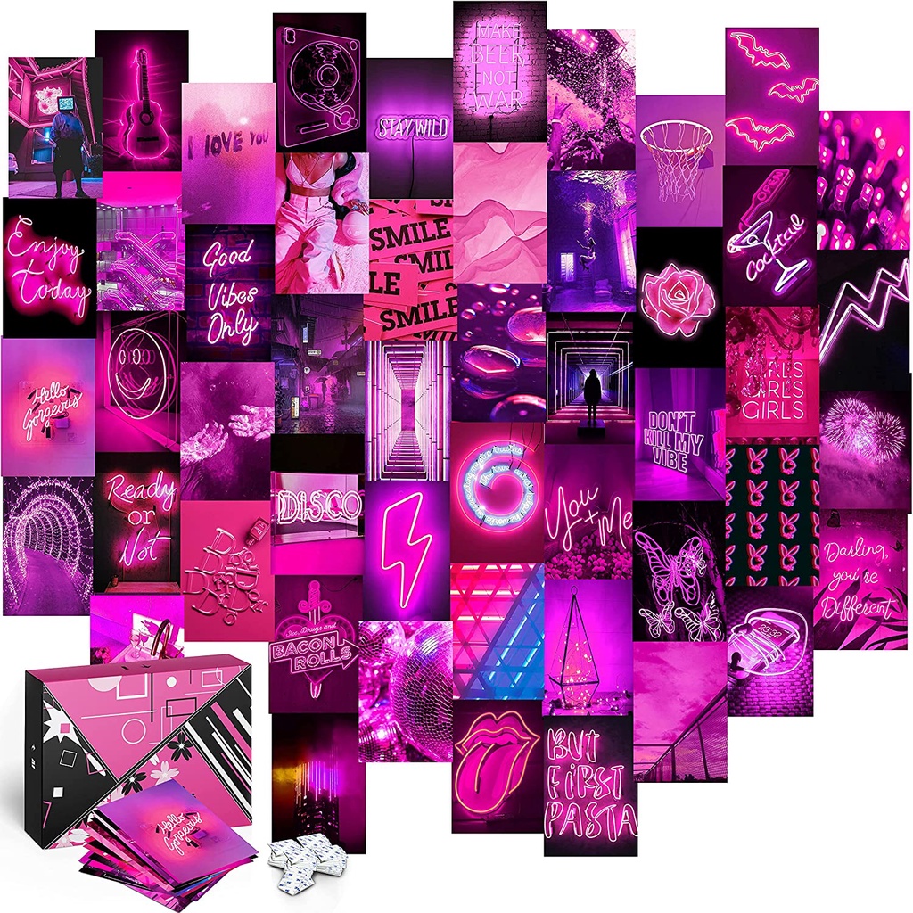 Combo 16 tấm Wall Collage dán tường trang trí phòng ngủ - theme Hồng neon - Hot Pink