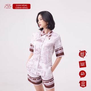 Folie Homewear bộ đồ mặc nhà áo sơ mi ngắn tay quần đùi lụa tằm ý FB116.1 màu nâu họa tiết