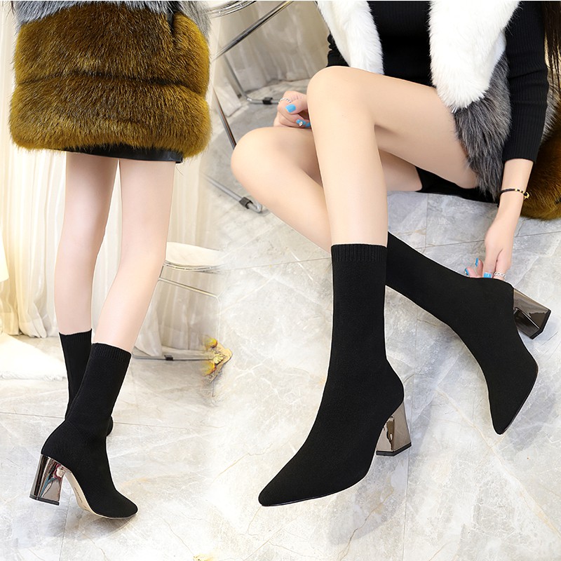 2020 new elastic thin boots women high heel short boots knitted spring and autumn single boots pointed toe socks boots thick heels women boots