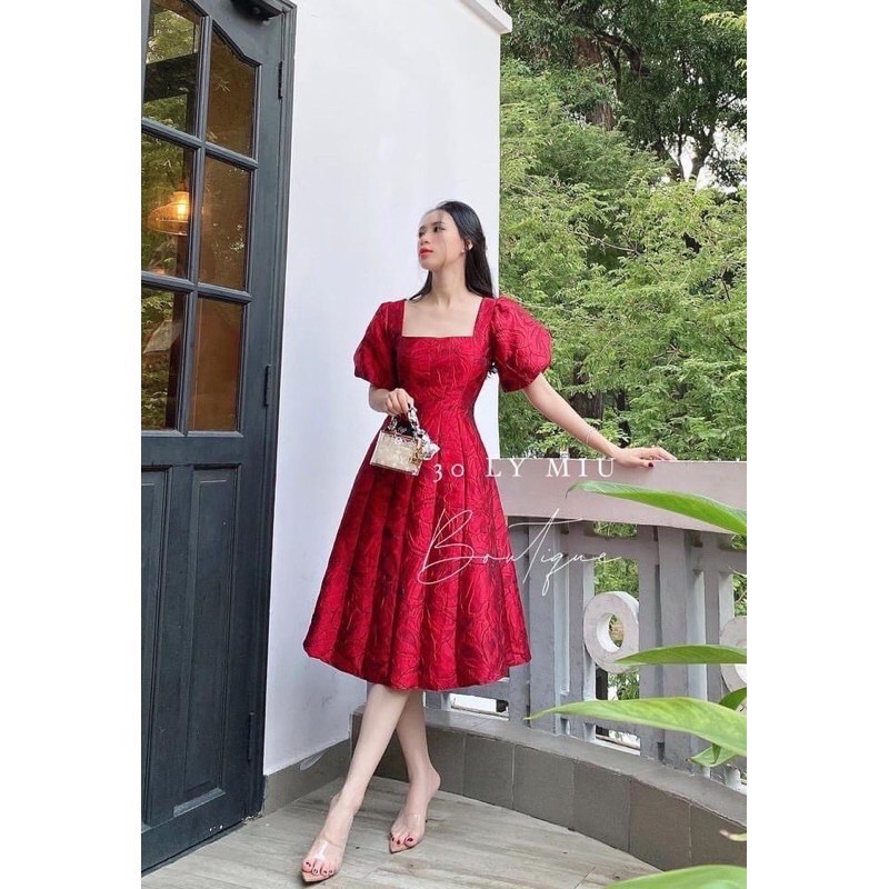 Đầm Gấm Xòe Nơ Lưng Dự Tiệc Tay Bo Phồng (Kèm ảnh thật) | BigBuy360 - bigbuy360.vn